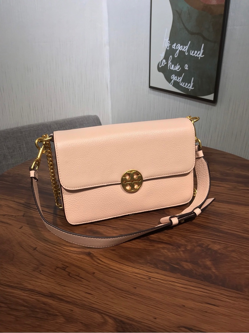 Tory Burch Blush Pink Leather Shoulder Bag with Gold Chain